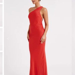 ALEJANDRA One Shoulder Satin Maxi Dress - Vermilion Red